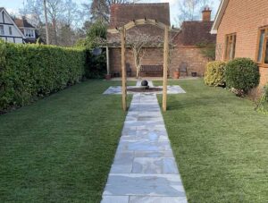 Natural Sandstone 'Silver-grey' path and Rolawn Medallion lawn- Fleet, Hampshire